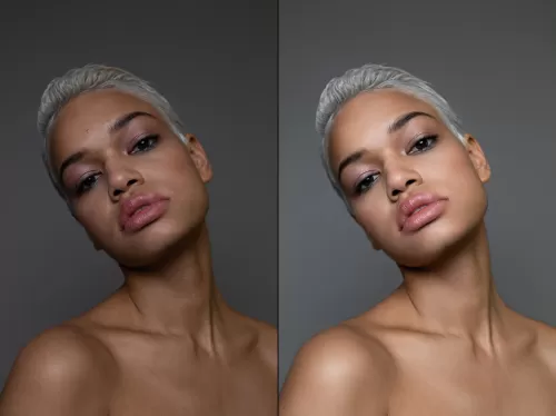 Профессиональная ретушь портрета девушки с короткой стрижкой до и после обработки в студии